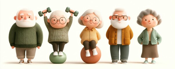 Naklejka premium Group of elderly people doing various sports and exercises together in a warm scene
