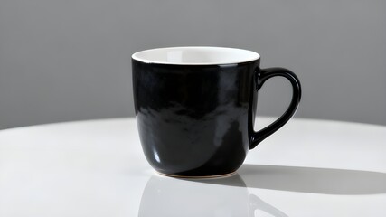A close-up, isolated shot of a clean, cylindrical ceramic mug. The exterior of the mug is solid black (possibly matte or semi-gloss), and the interior is white, creating a strong visual contrast