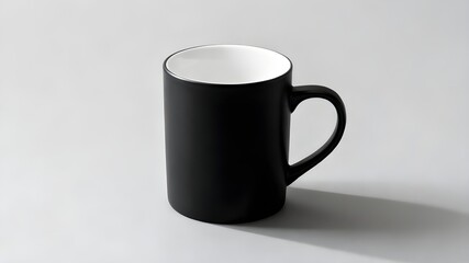 A close-up, isolated shot of a clean, cylindrical ceramic mug. The exterior of the mug is solid black (possibly matte or semi-gloss), and the interior is white, creating a strong visual contrast