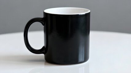 A close-up, isolated shot of a clean, cylindrical ceramic mug. The exterior of the mug is solid black (possibly matte or semi-gloss), and the interior is white, creating a strong visual contrast