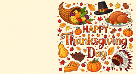 Happy Thanksgiving Day illustration with cornucopia turkey and pumpkins autumn fall