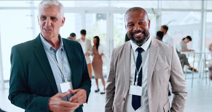 Business people, handshake and greeting in seminar, introduction and discussion at global convention. Shaking hands, collaboration and agreement or meeting at conference, welcome and b2b thank you