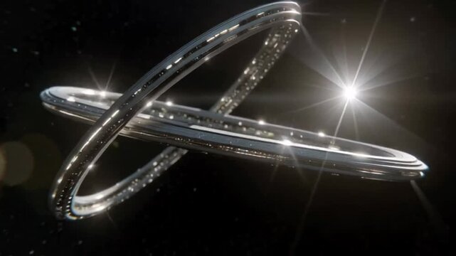 Interstellar spacecraft with sleek metallic rings, futuristic space travel concept, cosmic exploration theme with a hint of sci-fi imagination