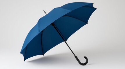 Premium navy blue umbrella mockup with reflective surface and raindrop texture on a white background, side angle for safety and weather preparedness