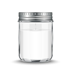 Realistic soy wax candle in clear glass jar with silver metal lid 3d vector mockup for home decor isolated on white front view, aromatherapy, or luxury cosmetic packaging design.