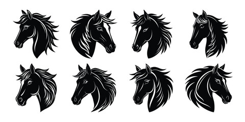 Collection of eight stylized black ink horse head illustrations with flowing manes and textured brushstrokes © Ashok