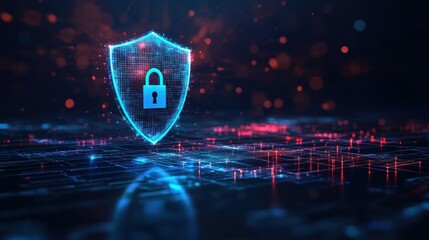 Digital shield and padlock glowing in abstract environment