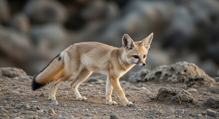 Elegant and alert Blanford's fox traverses rocky terrain during golden hour in arid lands