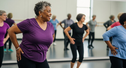 Happy and active group of diverse senior women participating in a fitness or dance class in a studio