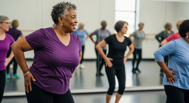 Happy and active group of diverse senior women participating in a fitness or dance class in a studio
