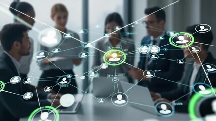 Business team collaborating with a digital network overlay representing connections and data - Powered by Adobe