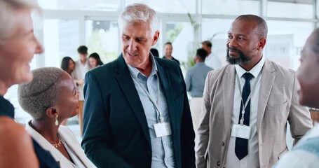 Business people, handshake and meeting in seminar, introduction and discussion at global convention. Shaking hands, collaboration and agreement or greeting at conference, welcome and b2b thank you - Powered by Adobe