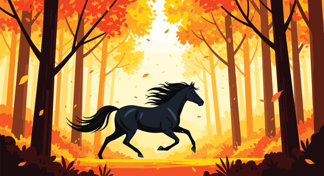 Black horse running through a vibrant autumn forest with warm light