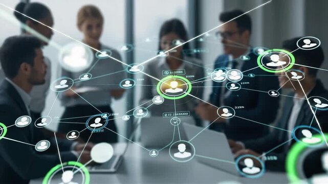 Business team collaborating with a digital network overlay representing connections and data - Powered by Adobe