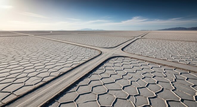 Expansive salt flat landscape with intersecting paths under a vast blue sky expanse