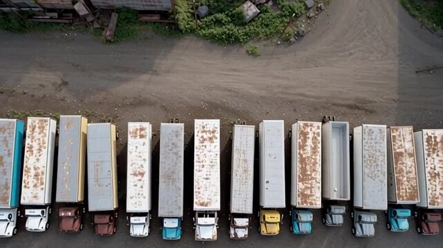 Row of rusted trucks in a rural setting, showcasing industrial decay and rustic charm, evokes a sense of nostalgia and Americana