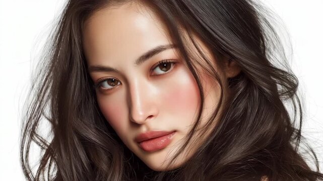 close up face portrait pretty confident young Asian woman smile to camera, plaint white background