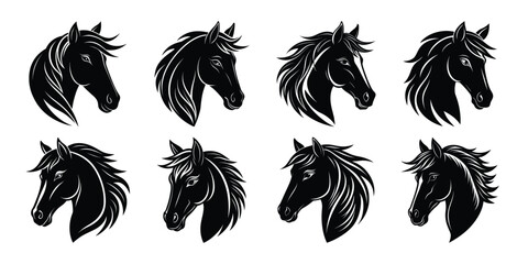 Collection of eight stylized black horse heads with textured manes and brushes strokes on white background