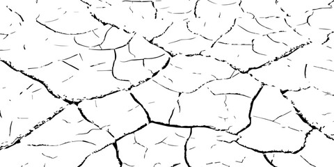 Cracked dry earth texture background. Vector illustration of drought and climate change concept. Black and white cracked soil surface for environment, nature, and global warming design themes.