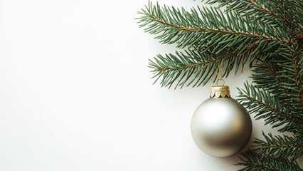  Minimalist Christmas decoration  an elegant green branch with a silver ball on a pure white background