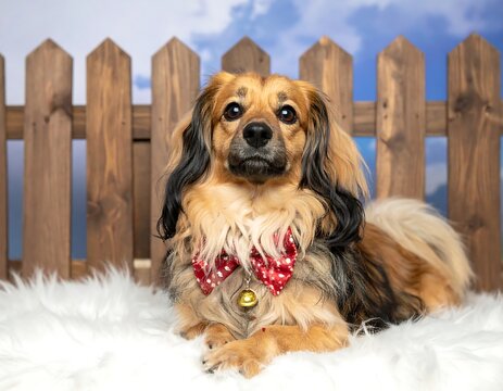 A fluffy dog with long brown and black fur wearing a red bowtie with white dots. It's sitting on a white furry blanket, and a wooden fence is in the background - Powered by Adobe