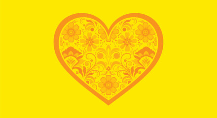 Yellow heart with intricate floral pattern inside on a yellow background