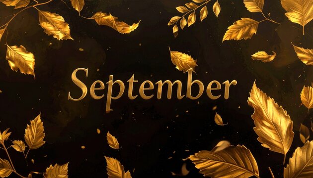 Golden "September" script surrounded by gold leaves against a dark background - Powered by Adobe