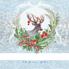 christmas greeting card with Christmas wreath holly berries and deer