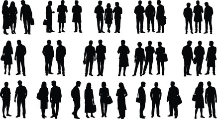 Black silhouette illustration of twenty pairs of people standing and interacting—conversation, posture study, urban lifestyle, social behavior sketch