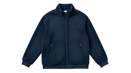 Insulating blue fleece outerwear piece with full zip closure displayed against a dark background