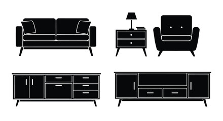 Black silhouette furniture set including sofa chairs and cabinets
