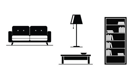 Minimalist living room furniture set with sofa lamp and bookshelf © MALA