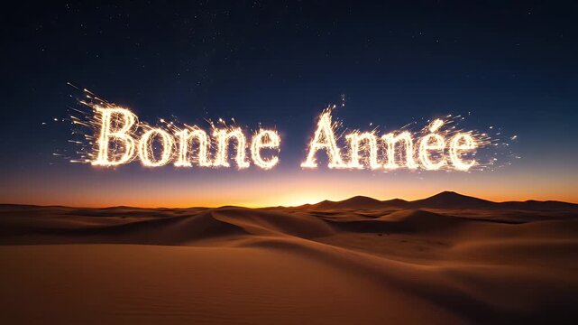 A serene desert landscape at dusk with illuminated text spelling "Bonne Ann?e" in a starry font