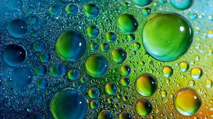 Macro photograph of colorful water droplets on a vibrant gradient background
