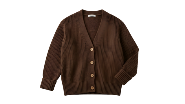 Warm brown knit garment featuring natural buttons centered against a black background