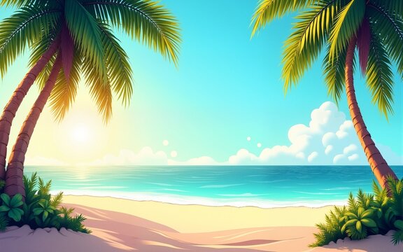 Summer background with palms, colorful beach party flyer or poster template. Generative AI. High quality