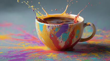 Colorful coffee cup with liquid splashing out and paint splatters on the cup and surface around it