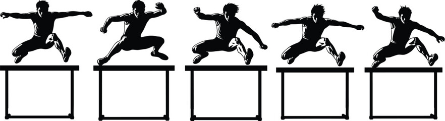 Athlete jumping over hurdles, set of five dynamic silhouettes, overcoming obstacles, challenge, track and field sport vector.