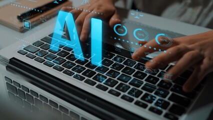 AI circuit microchip with glowing blue lines, surrounded by legal scales, warning symbols, data...