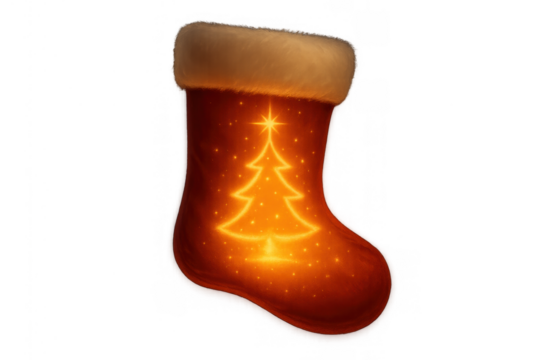 Christmas stocking with glowing festive tree and star design, traditional holiday decoration, red winter season sock cutout
