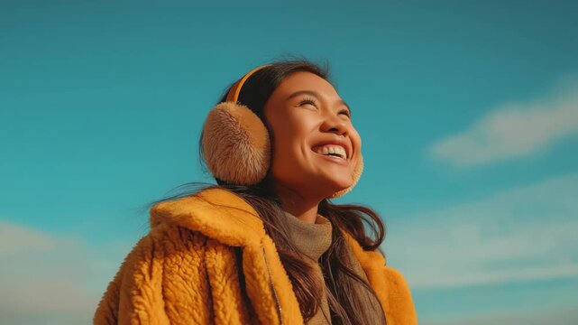 smiling Asian woman wearing winter fur coat with ear muff smile against blue sky