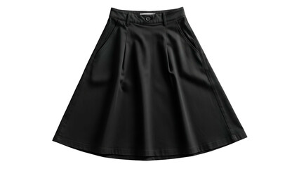 Flared black garment featuring a waist closure and side pockets presented against a solid dark background