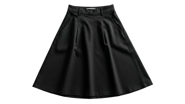 Flared black garment featuring a waist closure and side pockets presented against a solid dark background