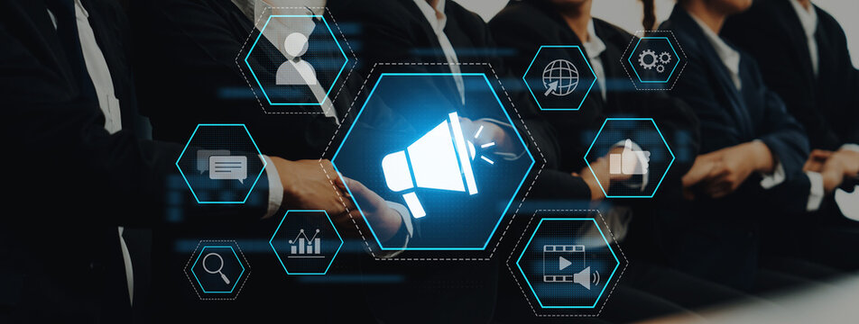 Business professionals in suits sit attentively while marketing icons emerge to symbolize digital communication strategies in a modern conference setting. Trope - Powered by Adobe