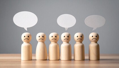 "Muted voices in shared sadness—six figures with blank speech bubbles reflect emotional silence."