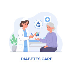 Flat vector illustration of nurse checking patient's blood sugar with glucose meter in medical clinic