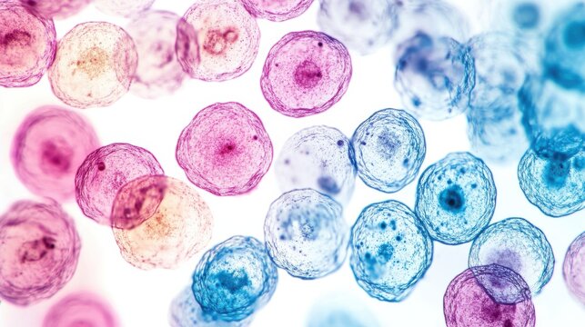 Colorful microscopic cells exhibiting diversity in shape and form under bright light in a scientific observation