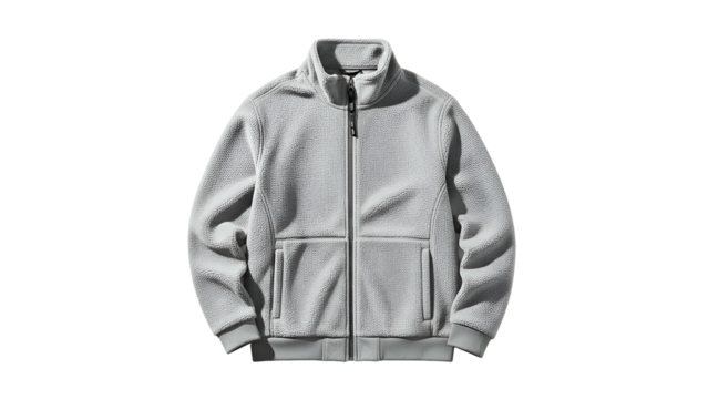 Light gray high collar zip-up outerwear garment is displayed against a dark background - Powered by Adobe