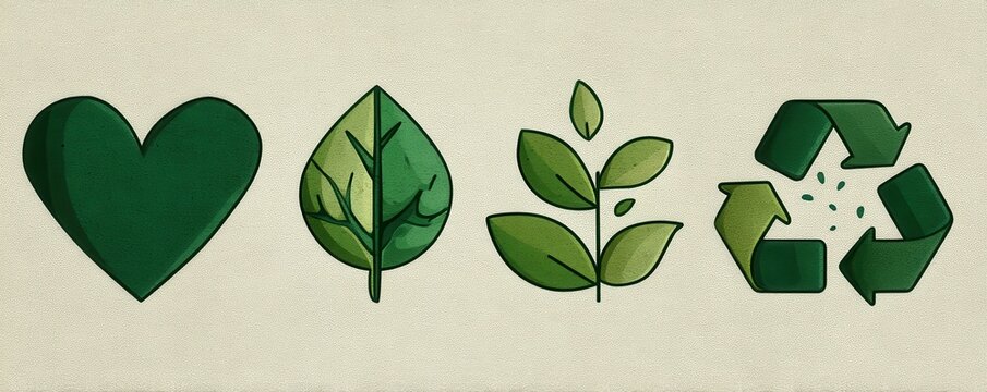 Eco friendly icons set with heart, leaves, and recycling symbol for green living design concept - Powered by Adobe