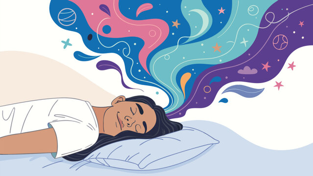 Peaceful dreamer experiencing vibrant, imaginative thoughts and colorful dreams while sleeping soundly on a comfortable pillow.